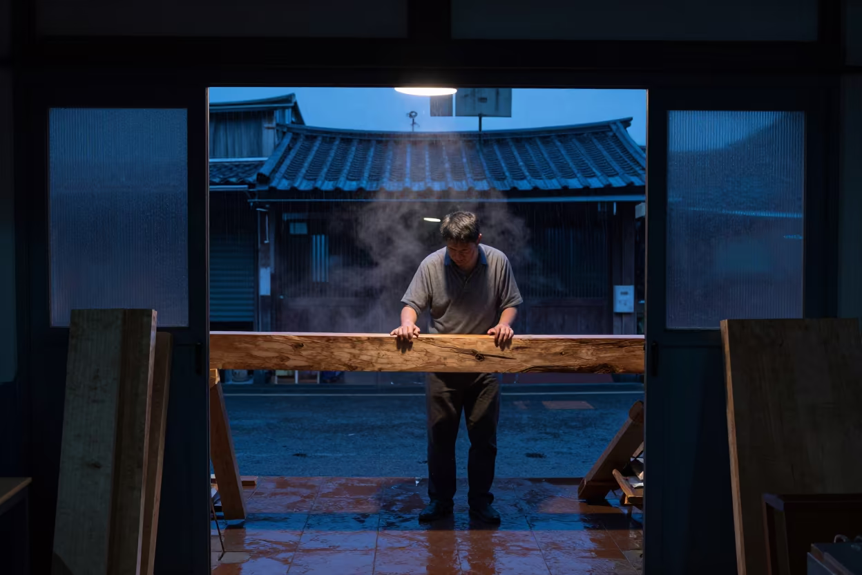 Boatbuilder in Tainan doorway evening light in in Tainan