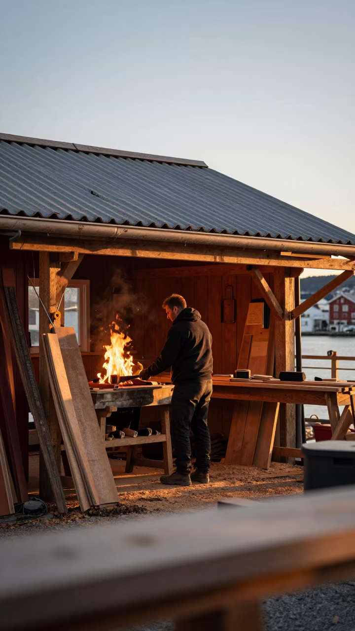 Boatbuilder in Tin Workshop Golden Light in near Sandvika