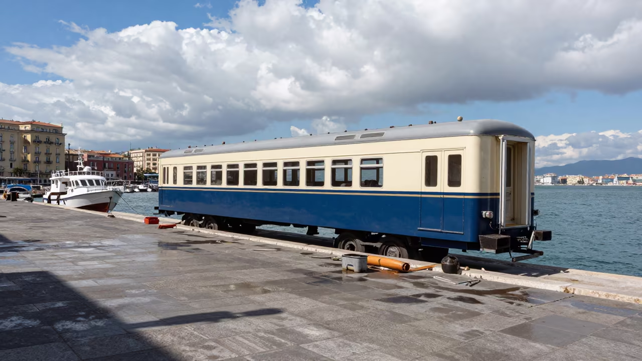 Boatbuilder and Train Car in Naples Harbor in at a harbor quay near Quartieri Spagnoli, Naples
