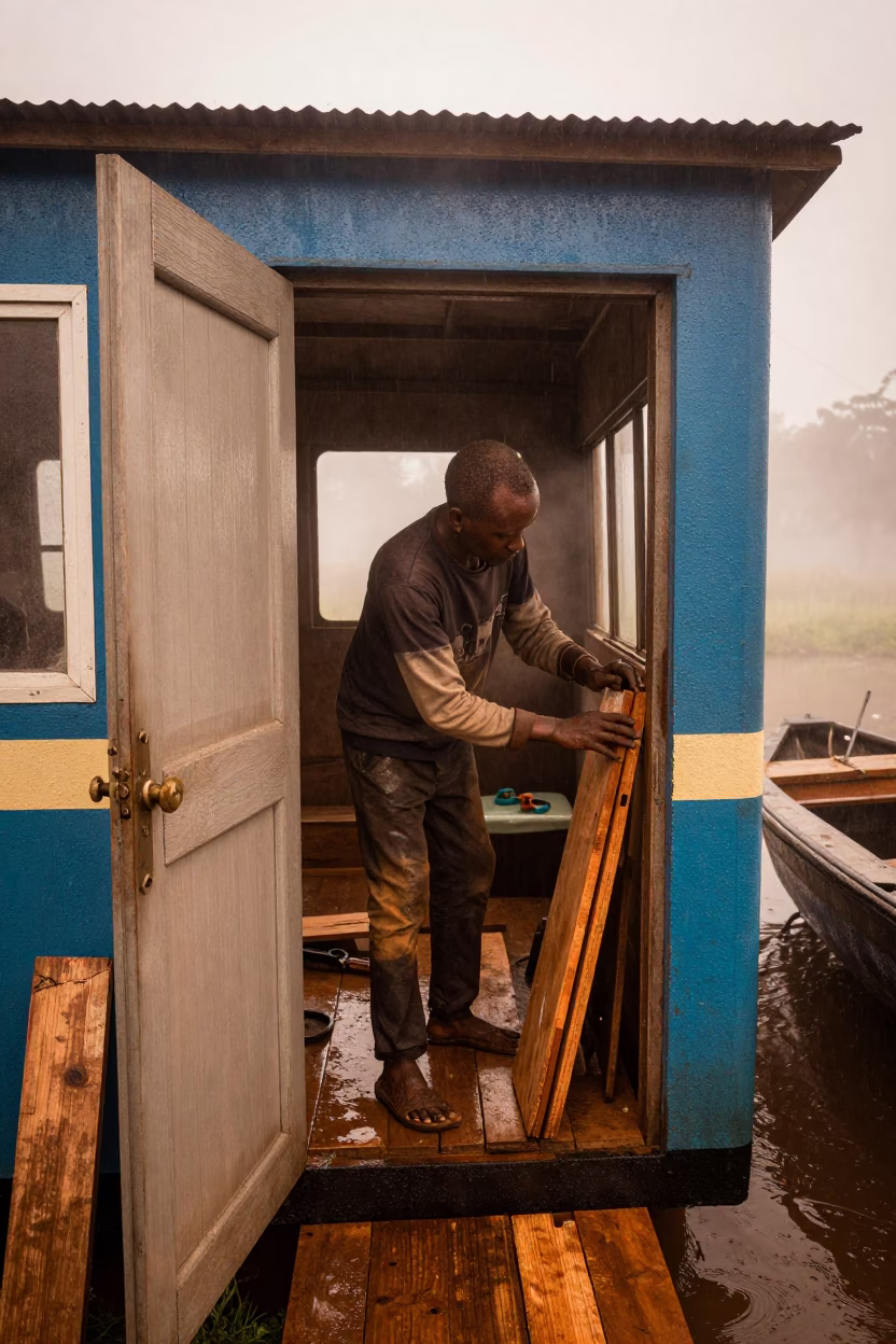 Boatbuilder Wiping Dust at Doorway in Kitwe in near Kitwe