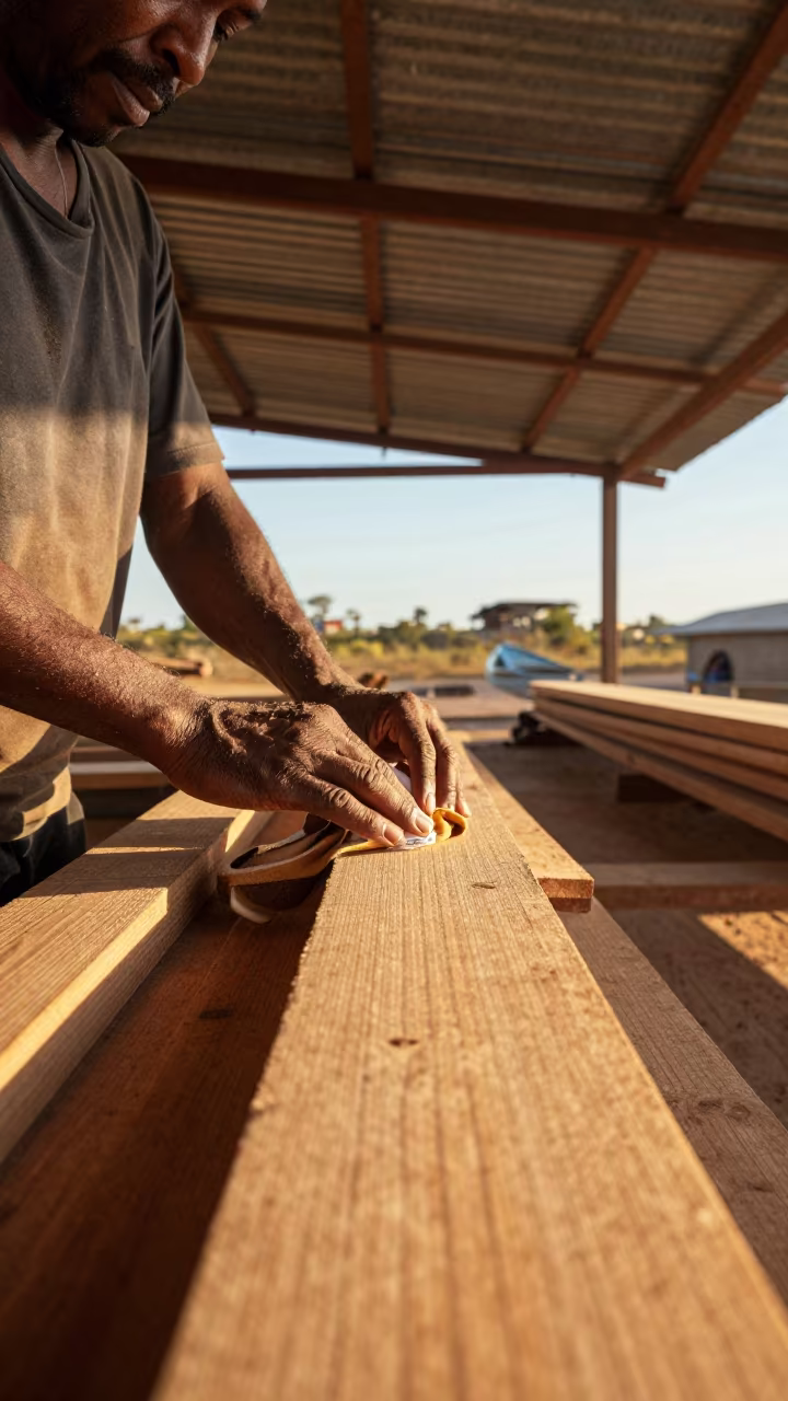 Boatbuilder Wiping Hands in Golden Matola Light in in Matola
