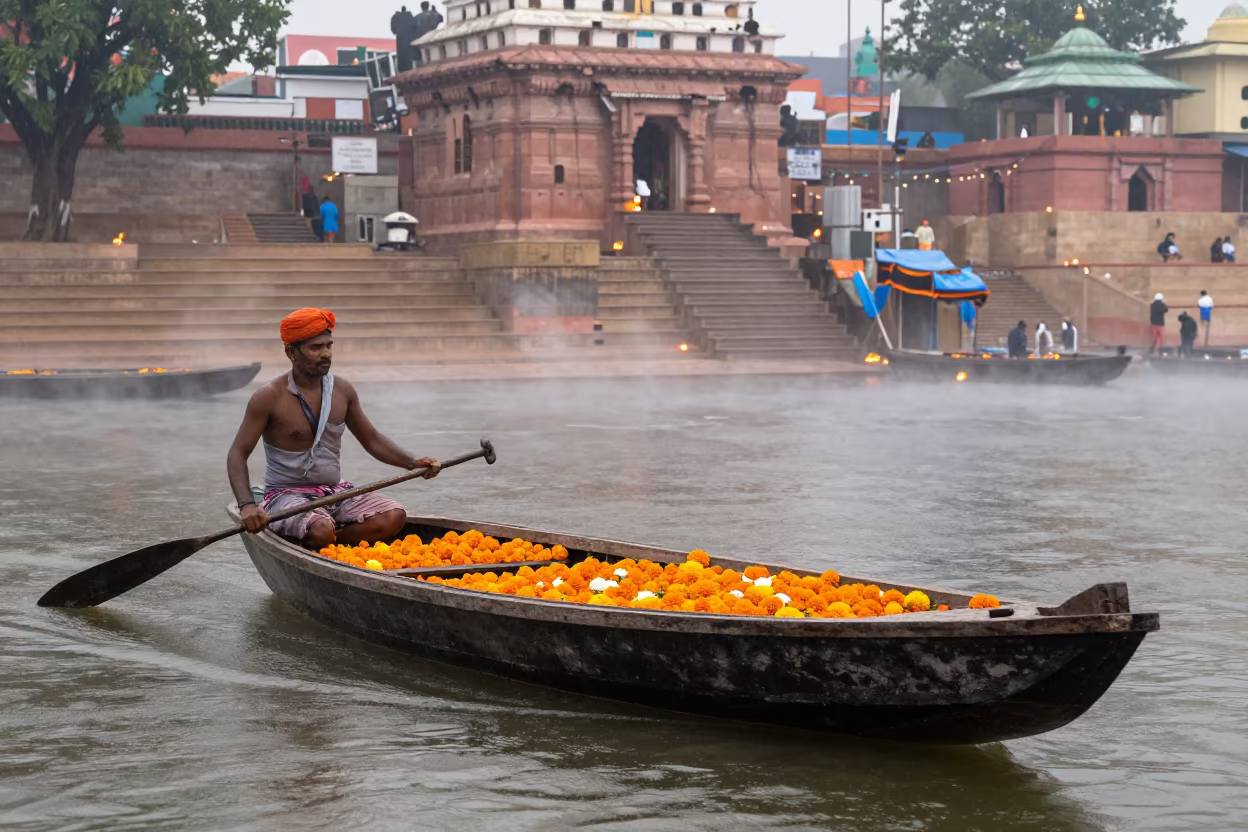 Boatman Rowing Marigolds Past Burning Ghats in in a temple courtyard in India