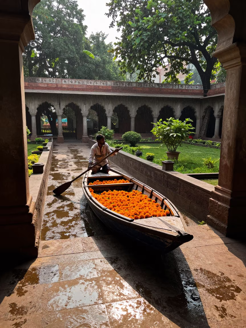 Boatman Rowing Marigolds in Delhi Garden in in a cloister garden in Connaught Place, Delhi