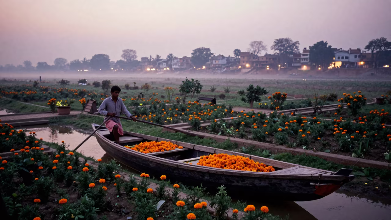 Boatman Rowing Marigolds Past Varanasi Ghats at Twilight in in a cloister garden near Godowlia, Varanasi