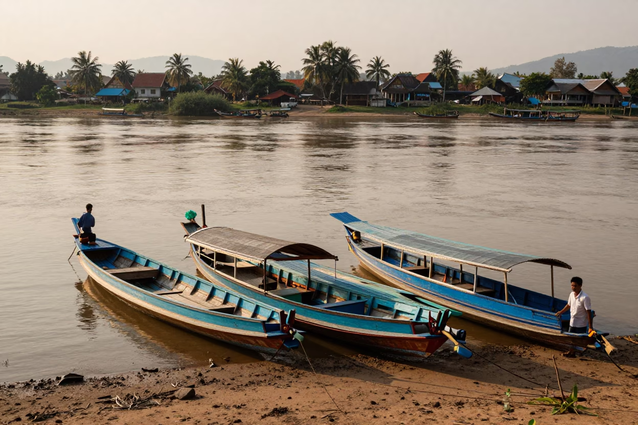 Boats Docked in Luang Prabang at The Late Afternoon Light in in Luang Prabang, Laos