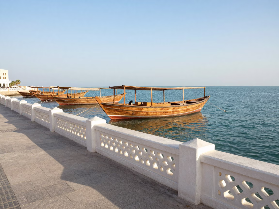 Boats Moored at Clear Late-afternoon Light in Muscat in in Muscat, Oman