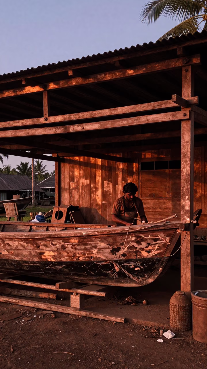 Boatyard Workshop in Kochi at Copper-toned Light Before Dusk in in Kochi, India