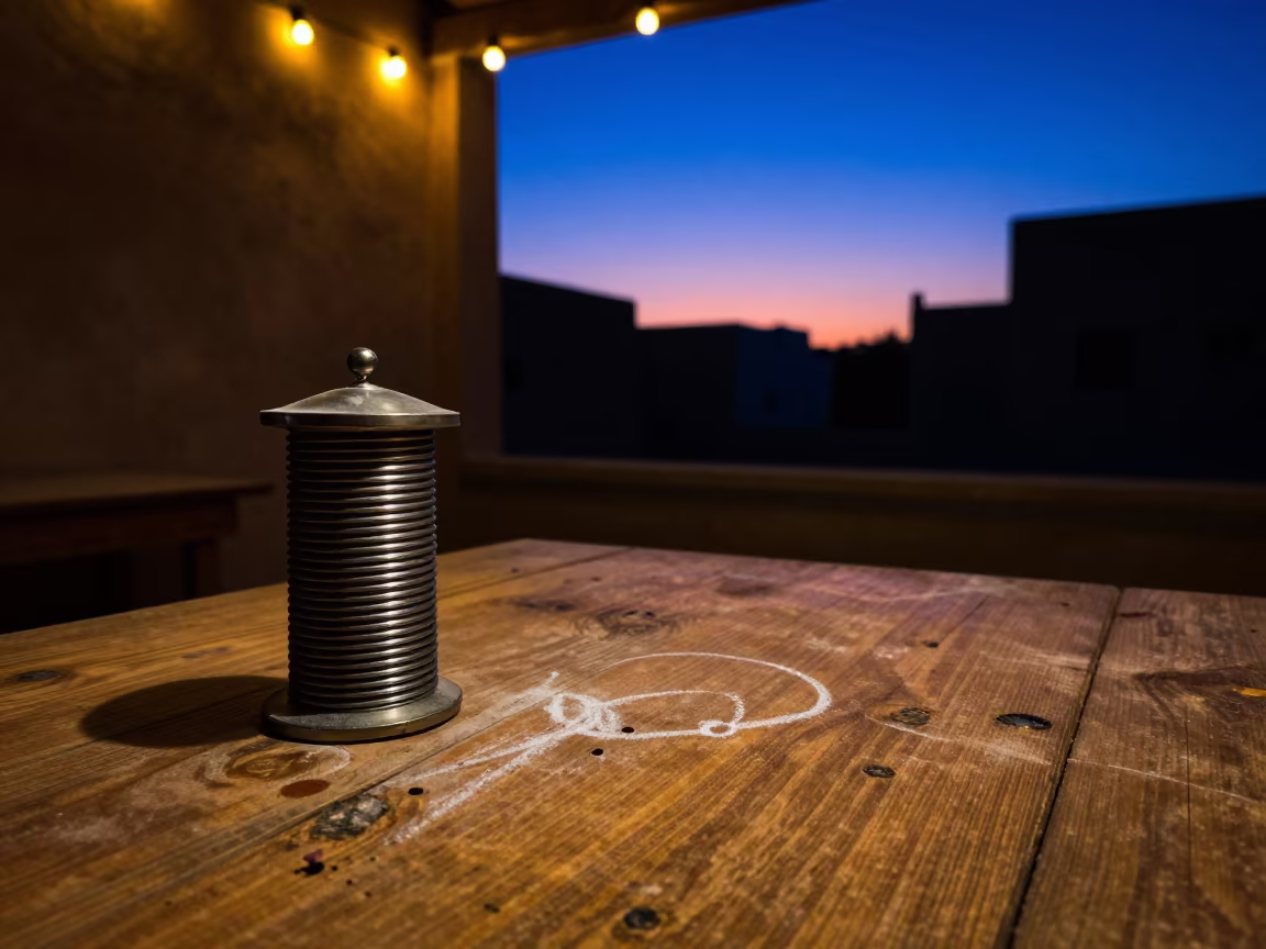 Bobbin Case on Oak Table in Sanaa Twilight in on a dusty library table near Sanaa