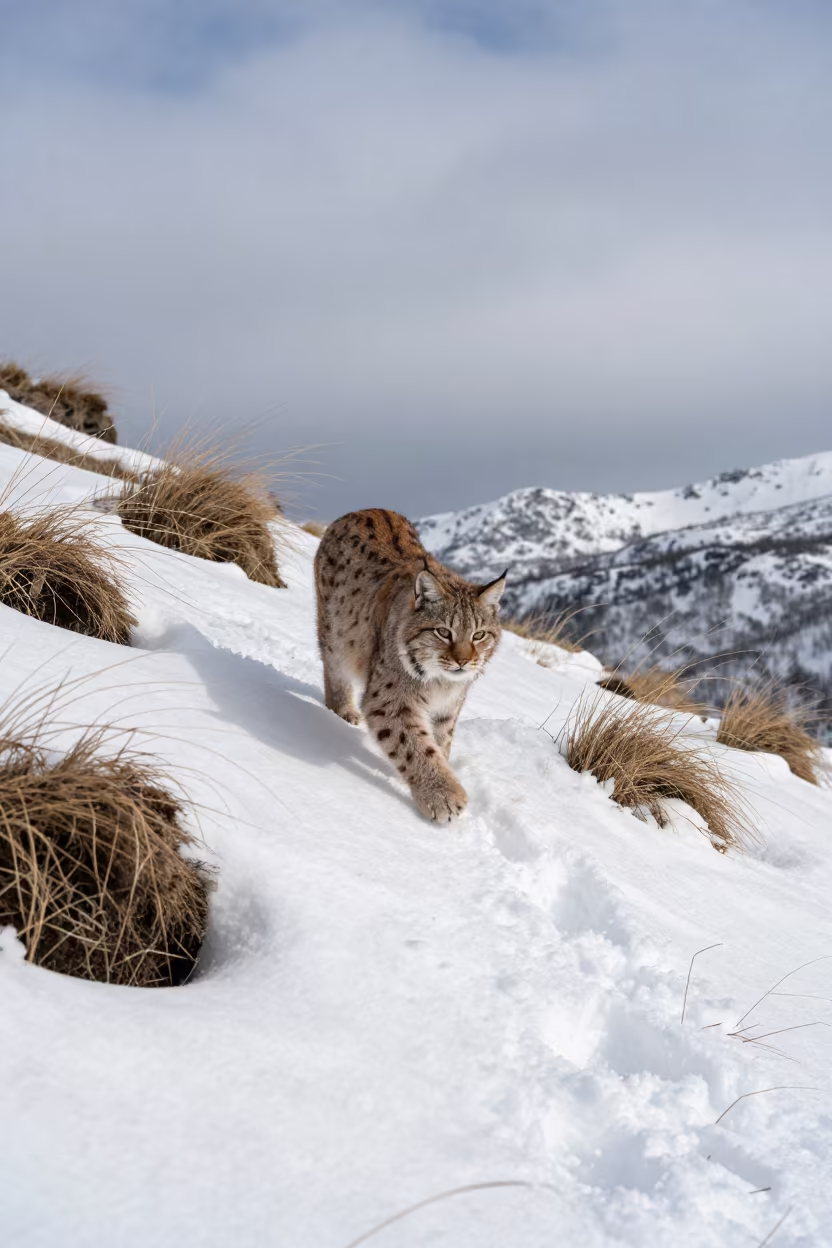 Bobcat Stalking Through Russian Mountain Snow in in Russia