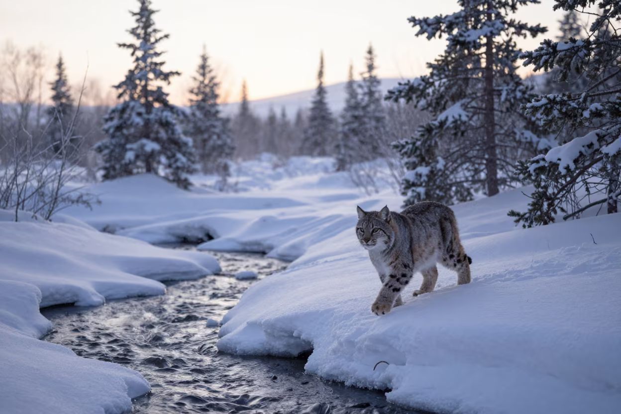 Bobcat Stalking Through Snow at Dawn Near Oslo in above a glacial stream near Oslo