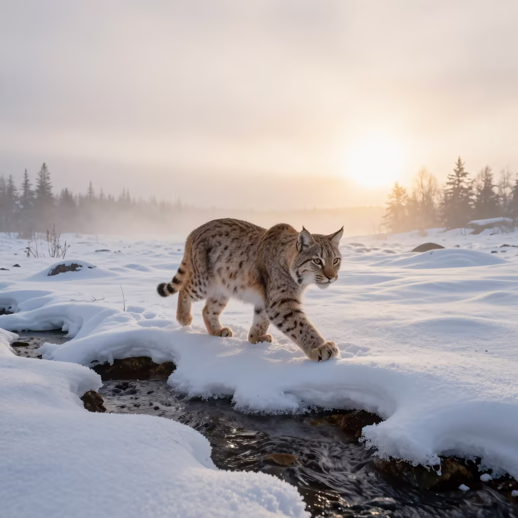 Bobcat Stalking Through Snow at Golden Hour in above a glacial stream in Sweden