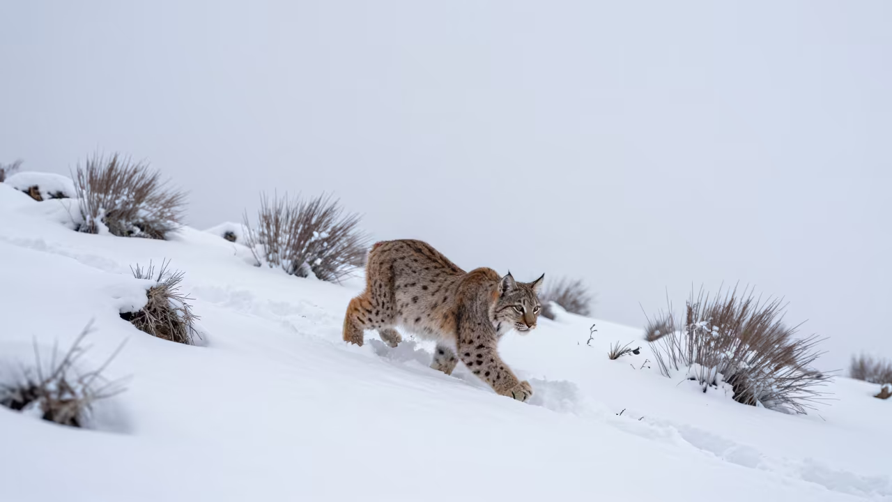 Bobcat Stalking Snowy Game Trail Tibet in along a game trail in Tibet