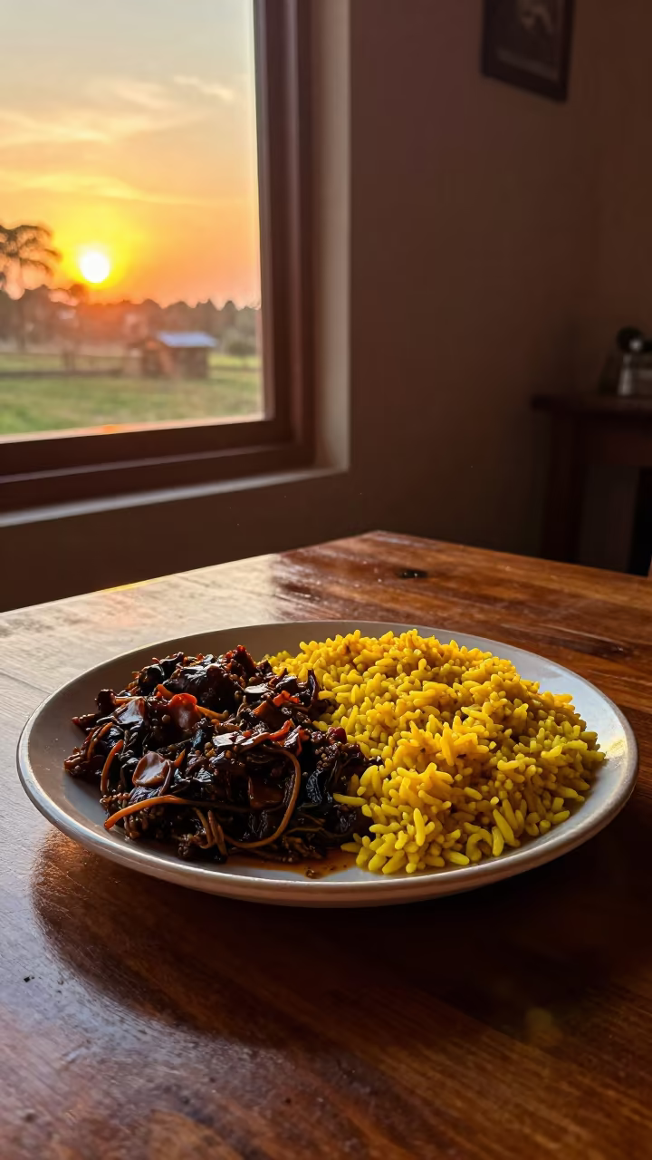 Bobotie with Yellow Rice in Amber Evening Light in on a ceramic plate by a window in Milagro