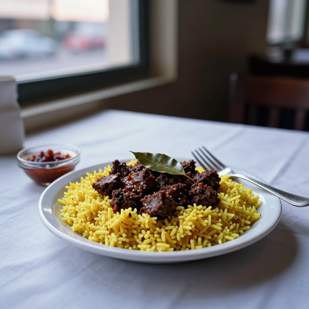 Bobotie and Yellow Rice at Hawaasa Dawn in on a linen-covered restaurant table in Hawaasa
