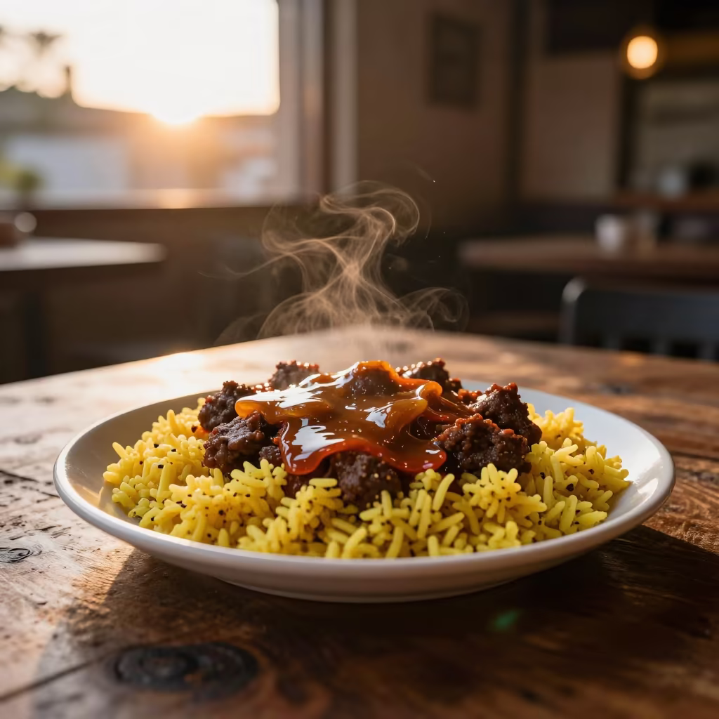 Bobotie with Yellow Rice on Rustic Table in on a rustic wooden table in Chengdu