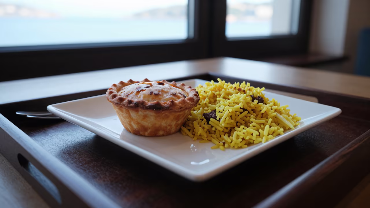 Bobotie and Yellow Rice on Tea House Tray in on a tea house tray in Porto Montenegro