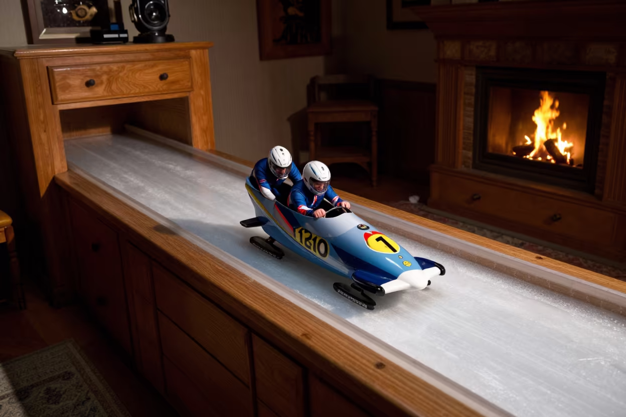 Bobsled Team Sprinting on Dresser Firelight in on a hotel dresser in Lakota