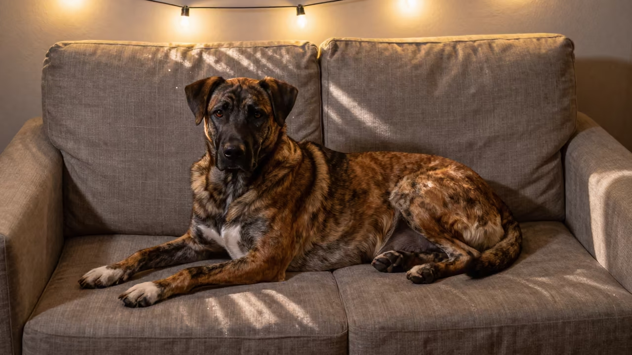 Boerboel Dog Resting on Linen Sofa in Jamnagar Home in on a linen sofa with daylight from a nearby window in Jamnagar
