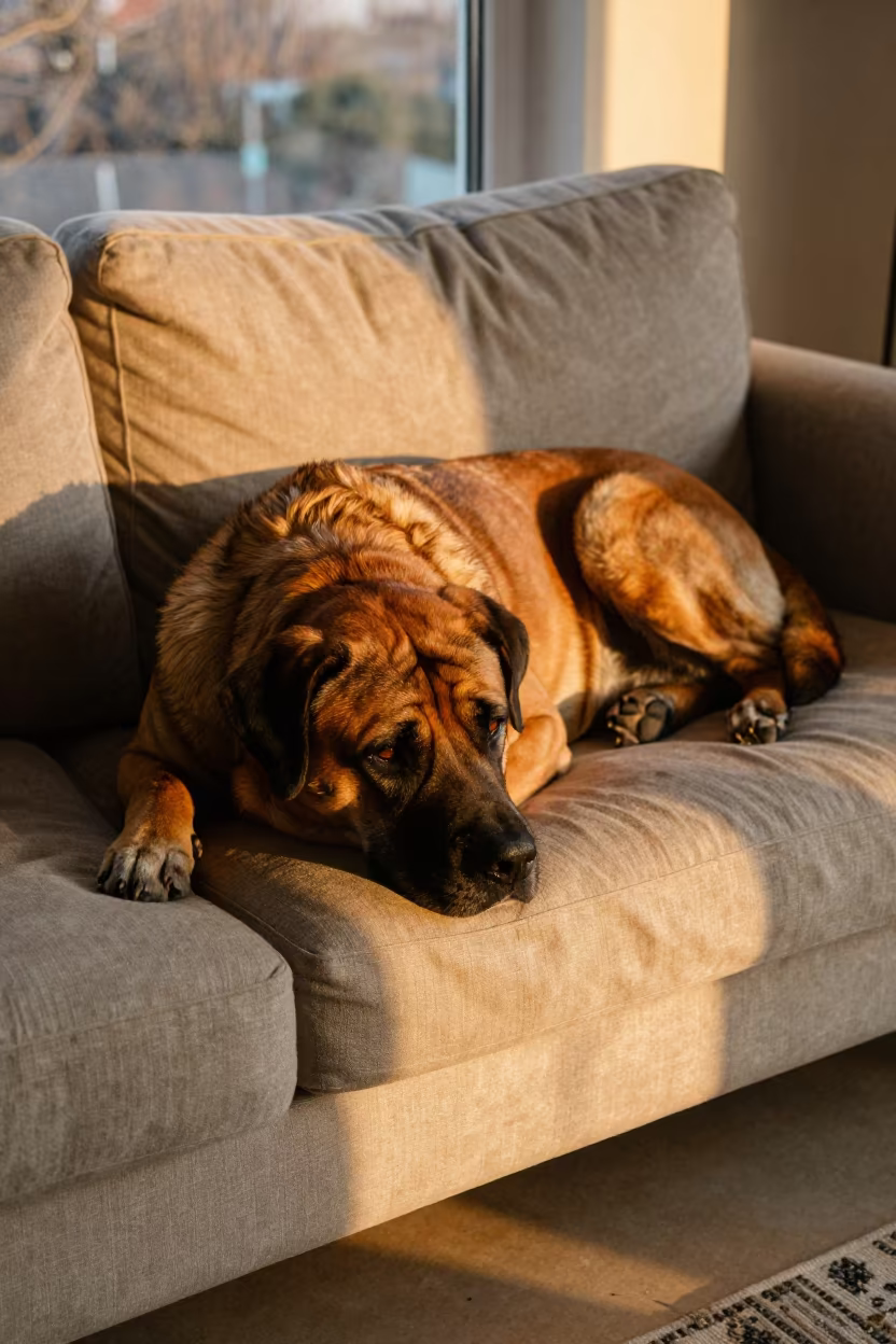 Boerboel Dog Resting on Linen Sofa in on a linen sofa with daylight from a nearby window in Tehran