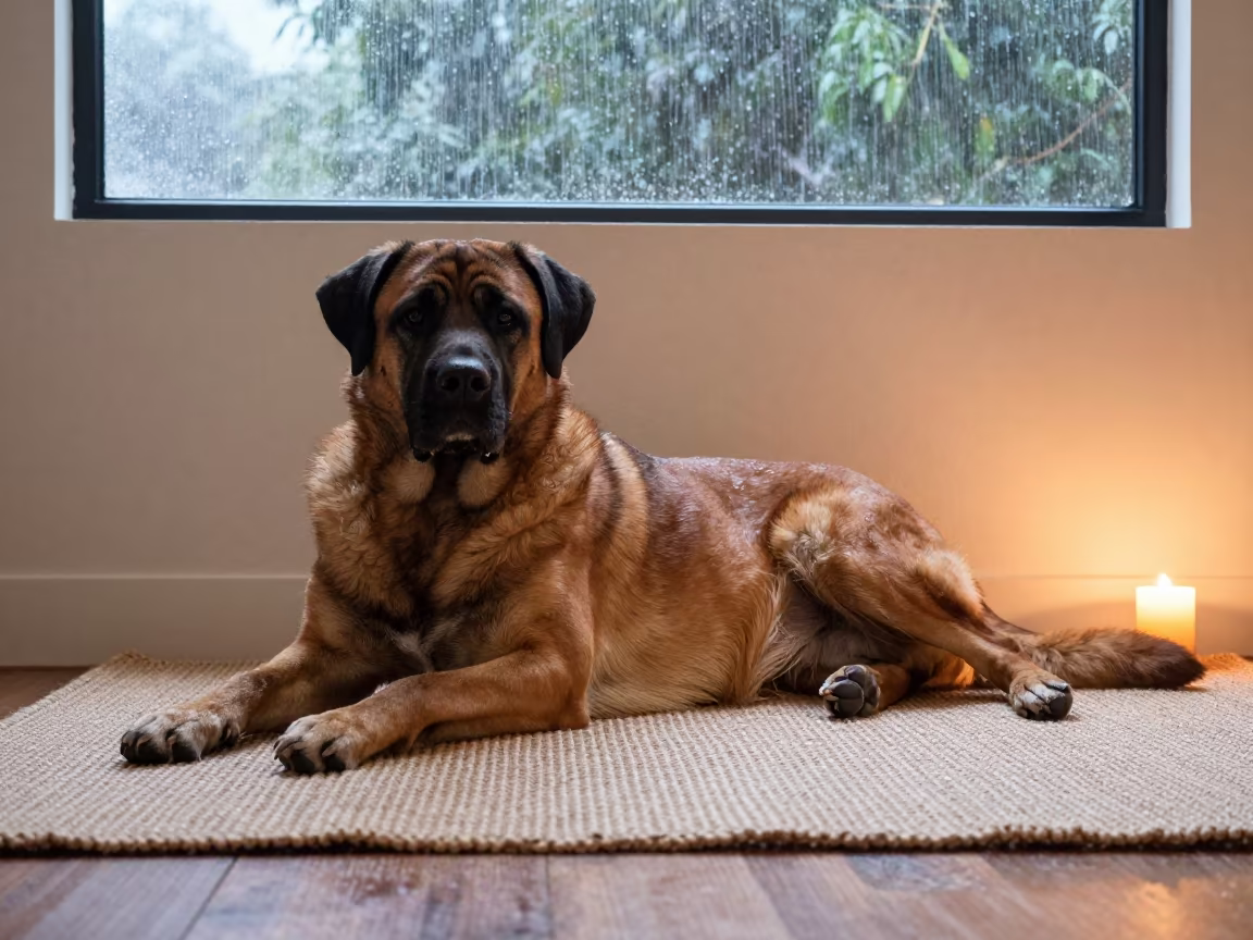 Boerboel Dog Resting on Rug in Kochi Home in on a woven rug beside a low couch and an uncluttered wall in Kochi