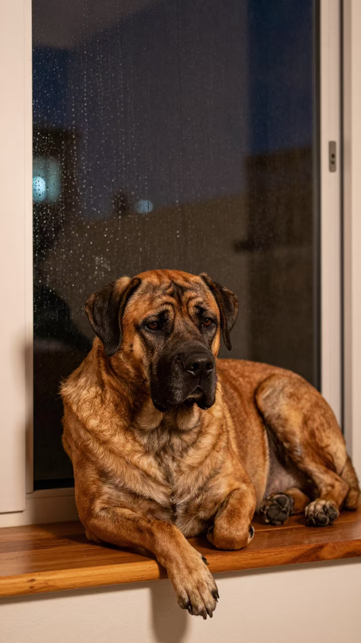 Boerboel Dog Resting on Window Seat in on a window seat in a quiet apartment with soft side light in Santurce, San Juan