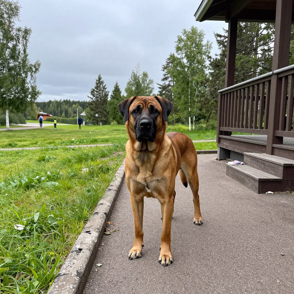 Boerboel on Rovaniemi Park Path in Soft Light in in a small yard with clipped grass, calm light, and the animal centered in frame in Rovaniemi