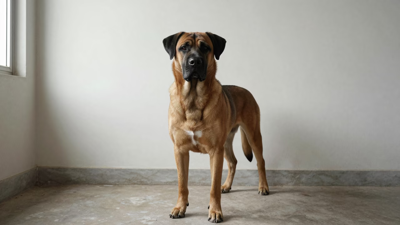 Boerboel Portrait Beside Plaster Wall in Faizabad in beside a plain plaster wall in soft indoor light with the animal centered in frame in Faizabad