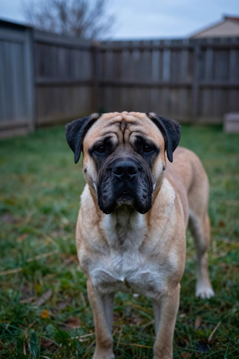 Boerboel Portrait on Béjaïa Park Path in in a small yard with clipped grass, calm light, and the animal centered in frame in Béjaïa