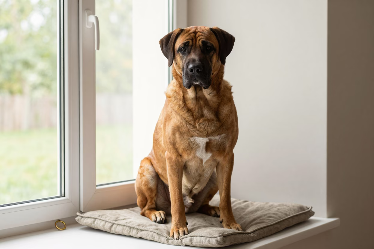 Boerboel Portrait on Jinan Window Seat in on a cushioned window seat with soft side light and an uncluttered background in Jinan