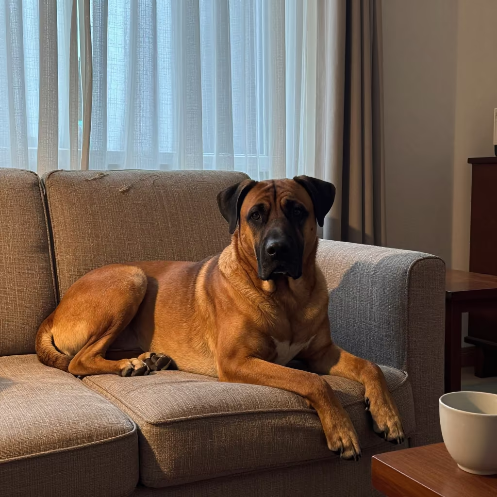 Boerboel Portrait on Mumbai Sofa in Late Morning in on a sofa near a curtained window with calm indoor light near Mumbai