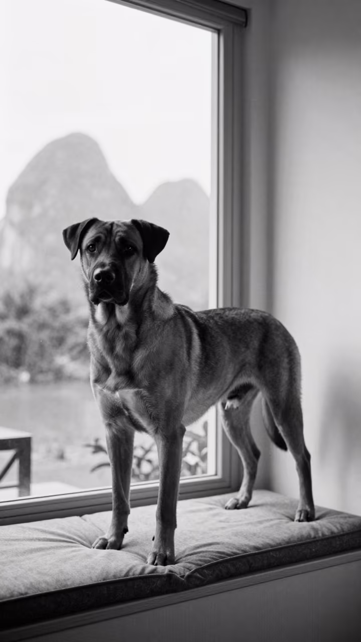 Boerboel Portrait on Window Seat Guilin 1963 in on a cushioned window seat with soft side light and an uncluttered background near Guilin
