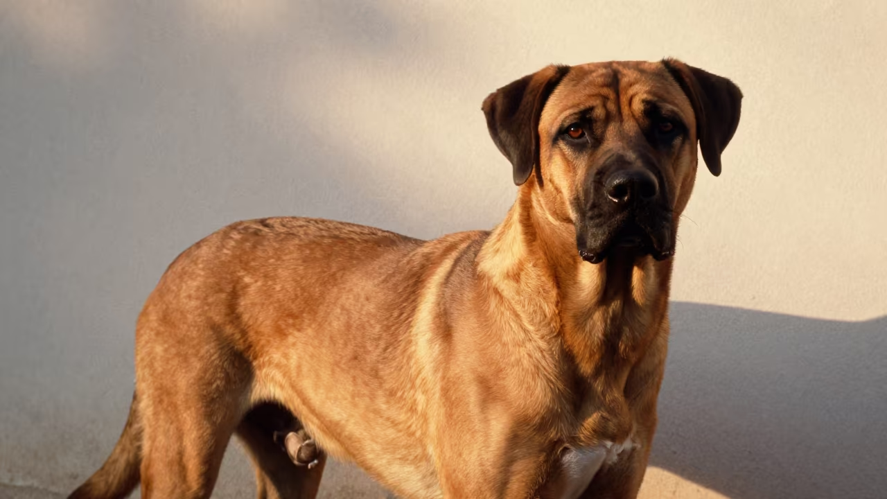 Boerboel Portrait Surrounded by Warm Indoor Light in beside a plain plaster wall in soft indoor light with the animal centered in frame in Surat