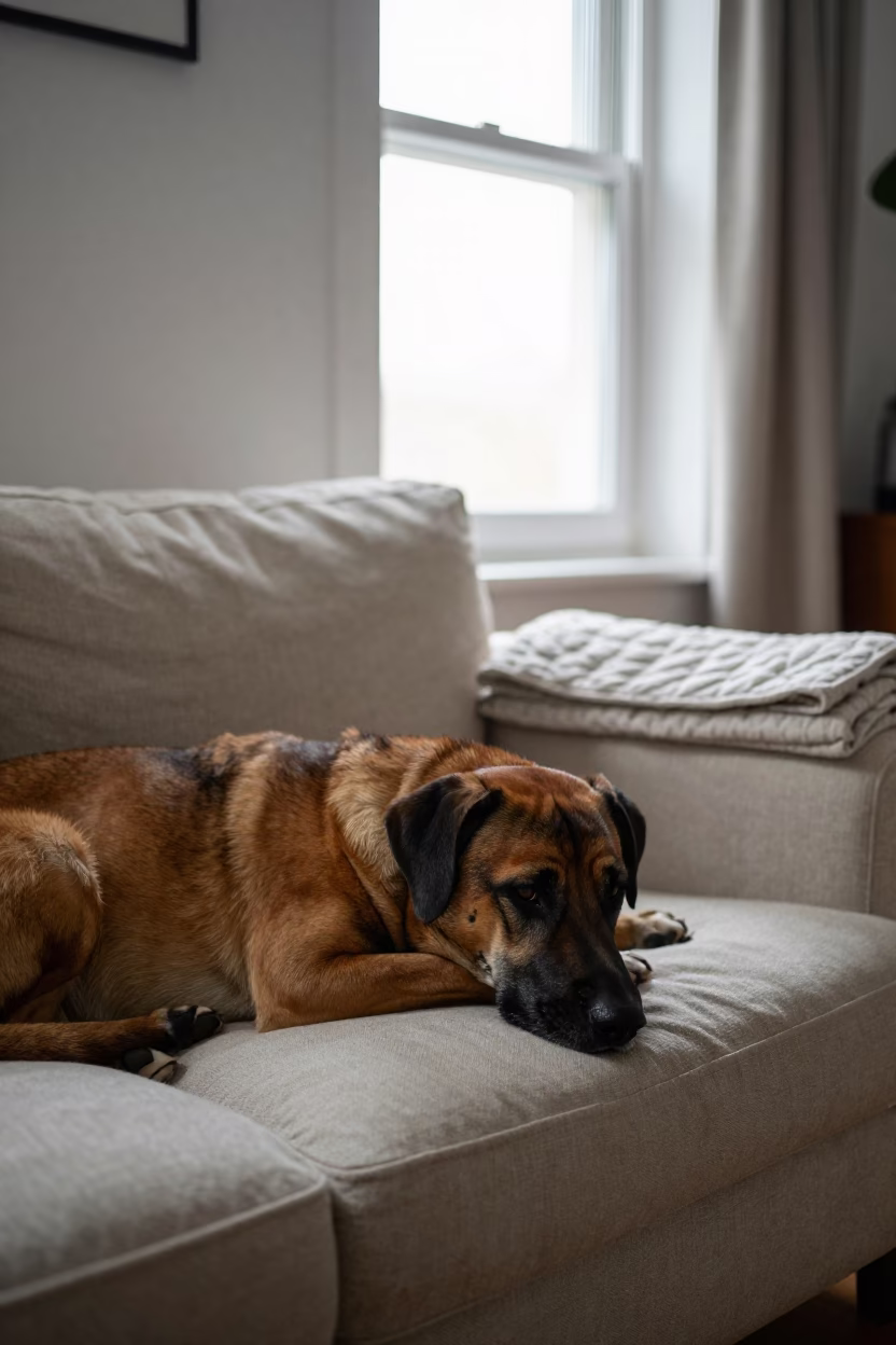 Boerboel Resting on Linen Sofa in Kayseri Home in on a linen sofa with daylight from a nearby window in Kayseri
