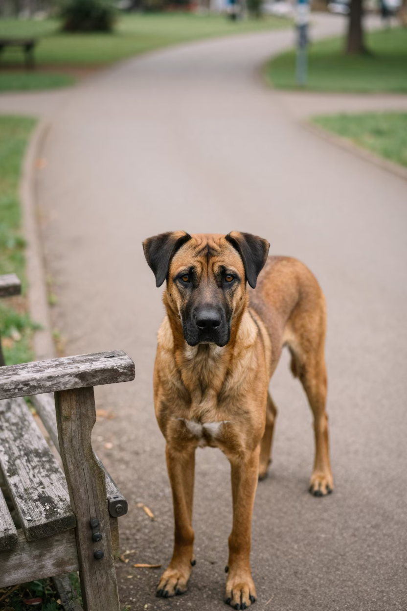 Boerboel Standing Quietly on Mbabane Park Path in near a garden edge with soft morning light and an uncluttered background in Mbabane