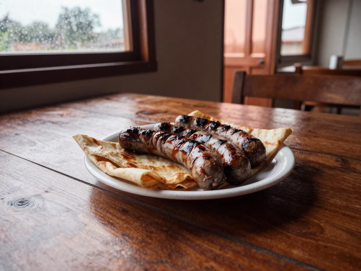 Boerewors and Pap on Rustic Wood Table in on a rustic wooden table in Guarenas