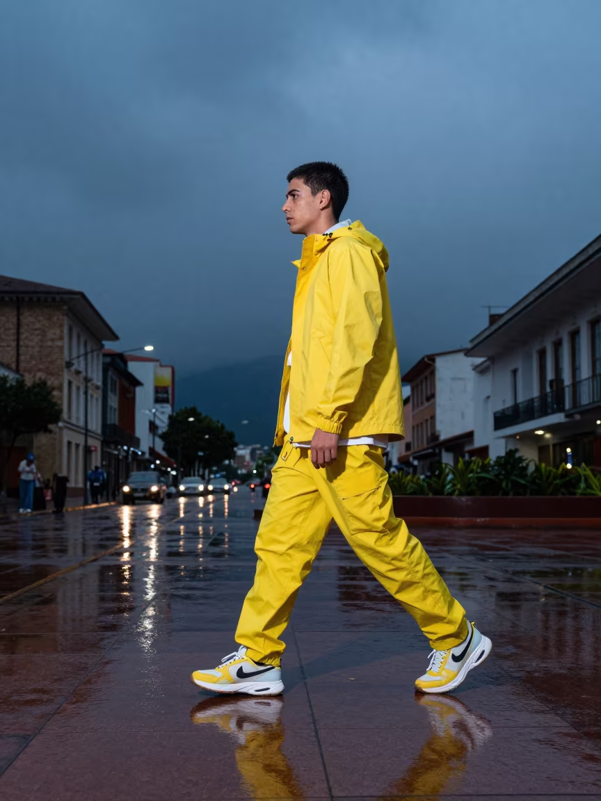 Bogota Streetwear Model in Indigo Twilight in on a rain-darkened city sidewalk in Bogota