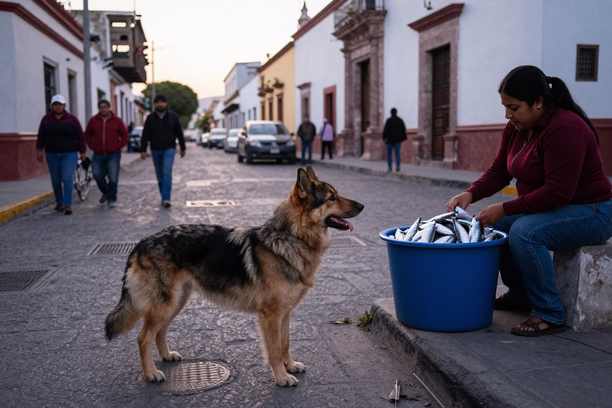 Bohemian Shepherd and Sardines in Early Morning Merida Mexico Street Scene in in Merida, Mexico