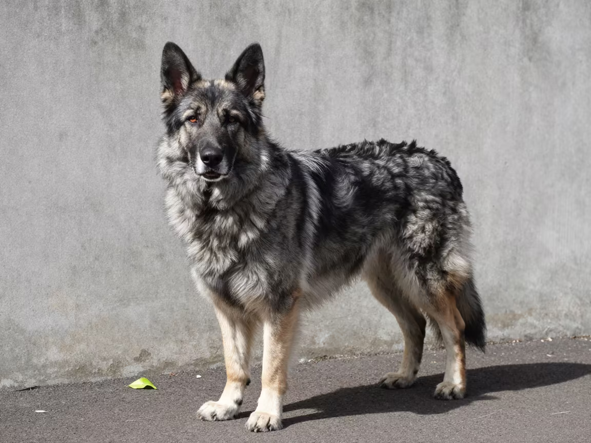 Bohemian Shepherd on Honolulu Path in beside a plain courtyard wall in clear daylight with the animal at eye level near Honolulu
