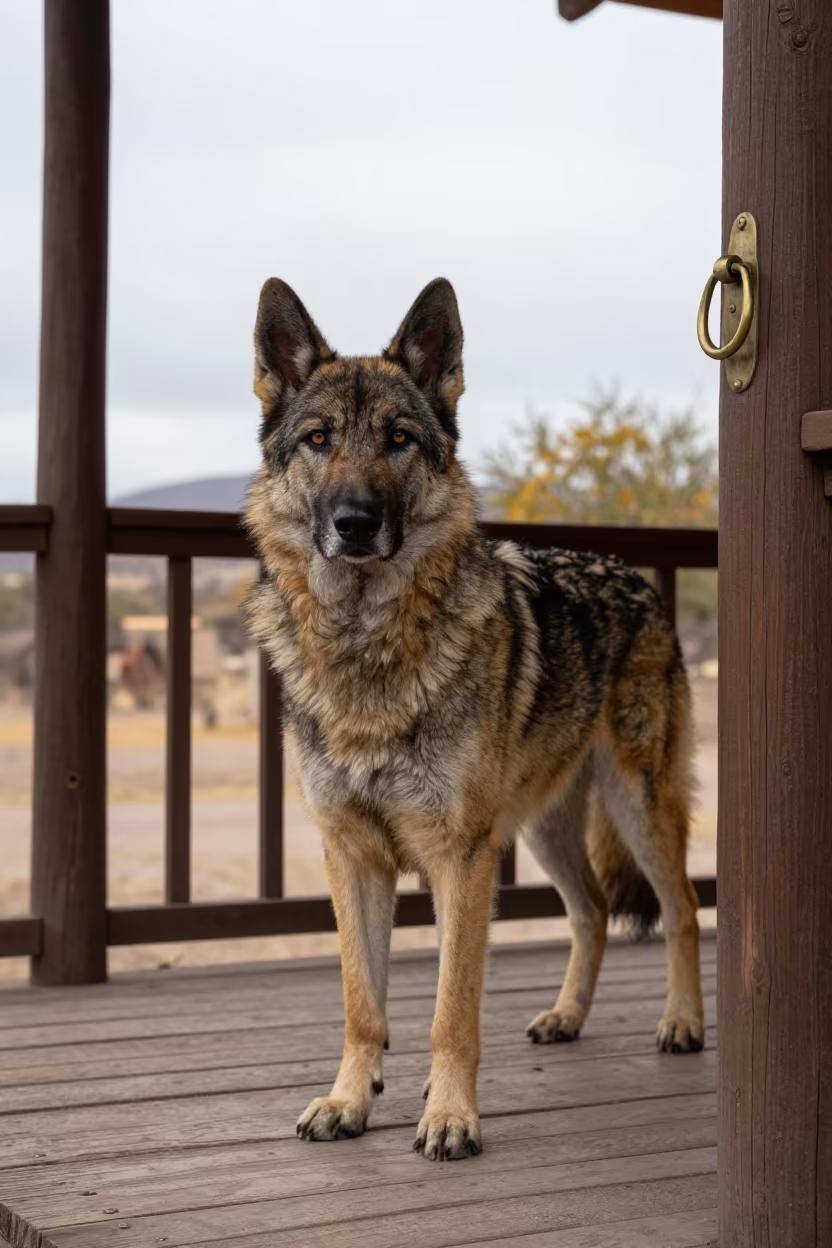 Bohemian Shepherd on Shaded Porch Navojoa in on a shaded front porch with boards, railings, and eye-level framing near Navojoa
