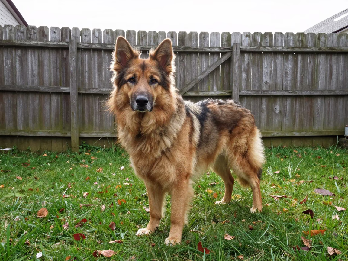 Bohemian Shepherd Portrait in Bridgetown Yard in in a small yard with clipped grass, calm light, and the animal centered in frame in Bridgetown