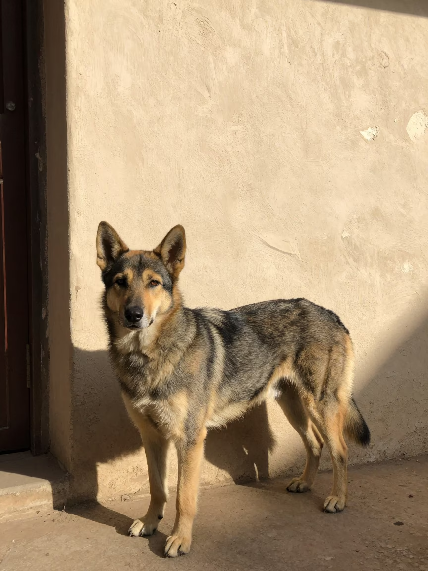 Bohemian Shepherd Portrait in Kazanchis Courtyard in beside a plain courtyard wall in clear daylight with the animal at eye level in Kazanchis, Addis Ababa