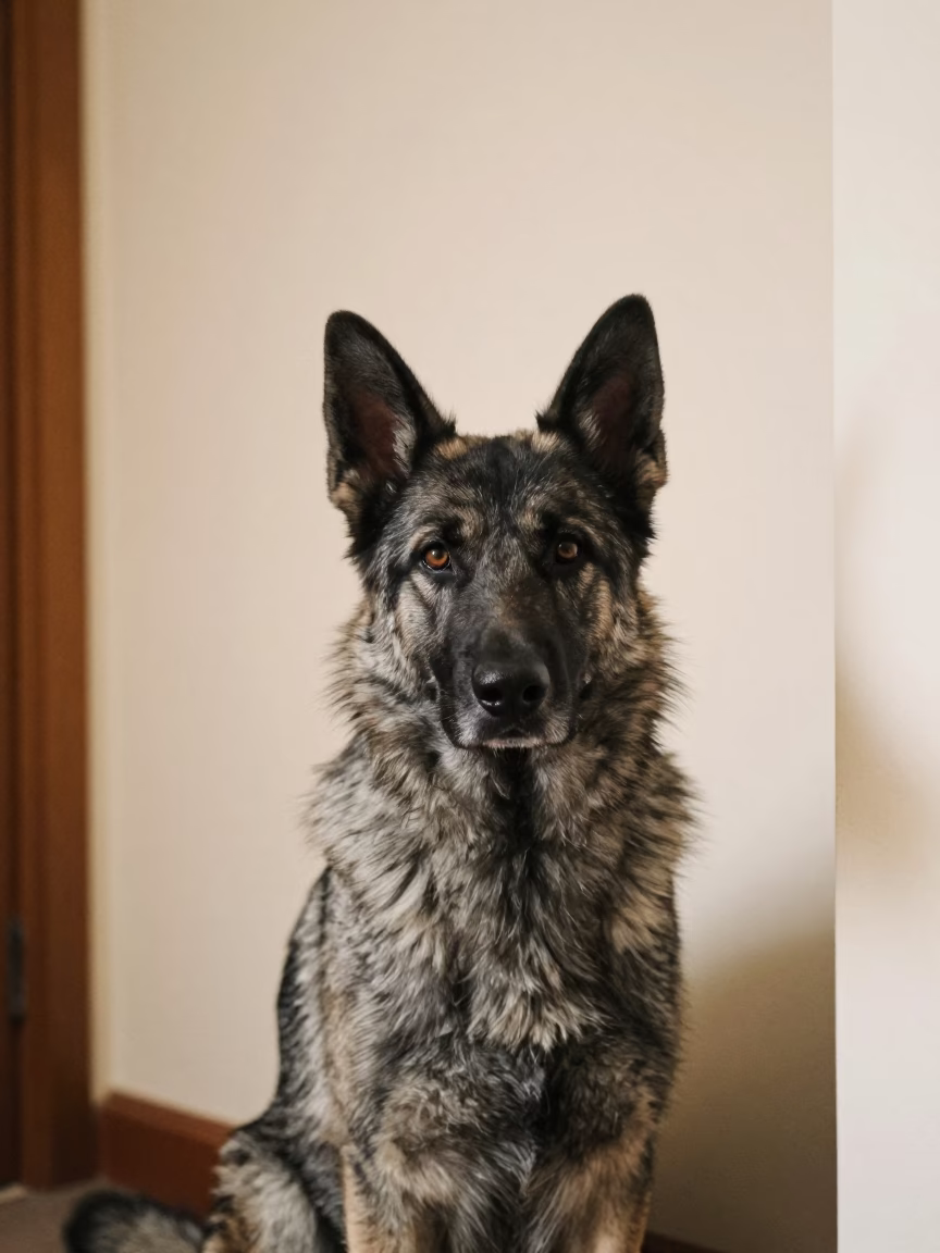Bohemian Shepherd Portrait in Monastir Home in beside a plain plaster wall in soft indoor light with the animal centered in frame in Monastir