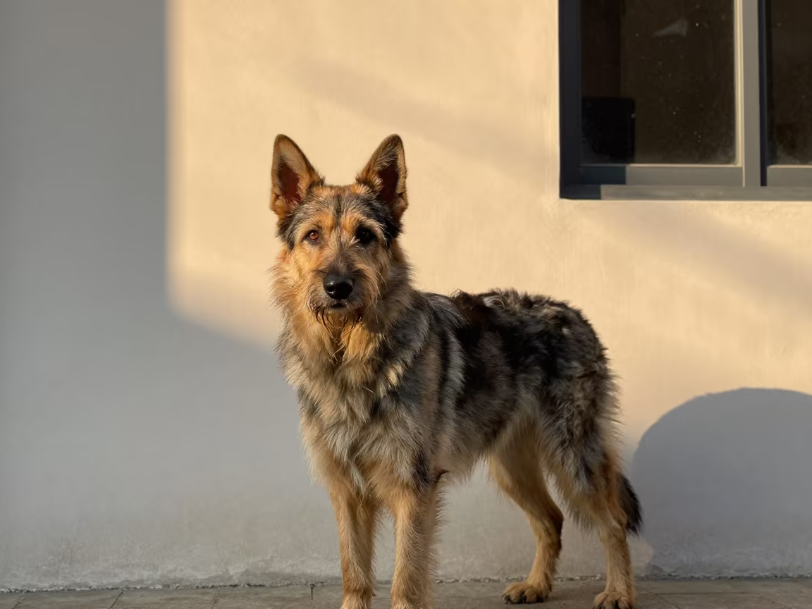 Bohemian Shepherd Portrait in Ningbo Indoor Light in beside a plain plaster wall in soft indoor light with the animal centered in frame in Ningbo
