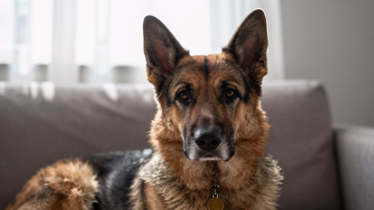 Bohemian Shepherd Portrait in Soft Window Light in on a sofa near a curtained window with calm indoor light in Wuhan
