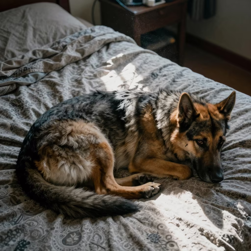 Bohemian Shepherd Resting on Bedspread in Mombasa in on a bedspread near a bright window with calm indoor light in Mombasa