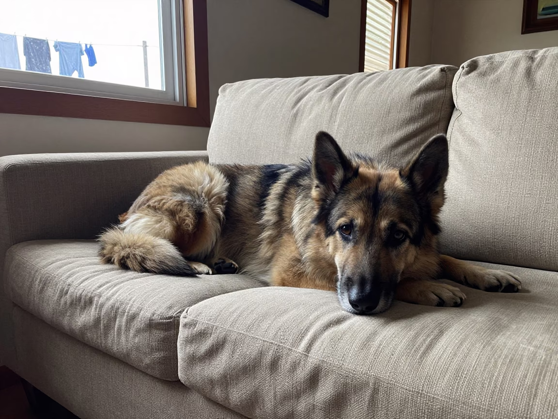 Bohemian Shepherd Resting on Linen Sofa in Santa Cruz in on a linen sofa with daylight from a nearby window in Santa Cruz de la Sierra