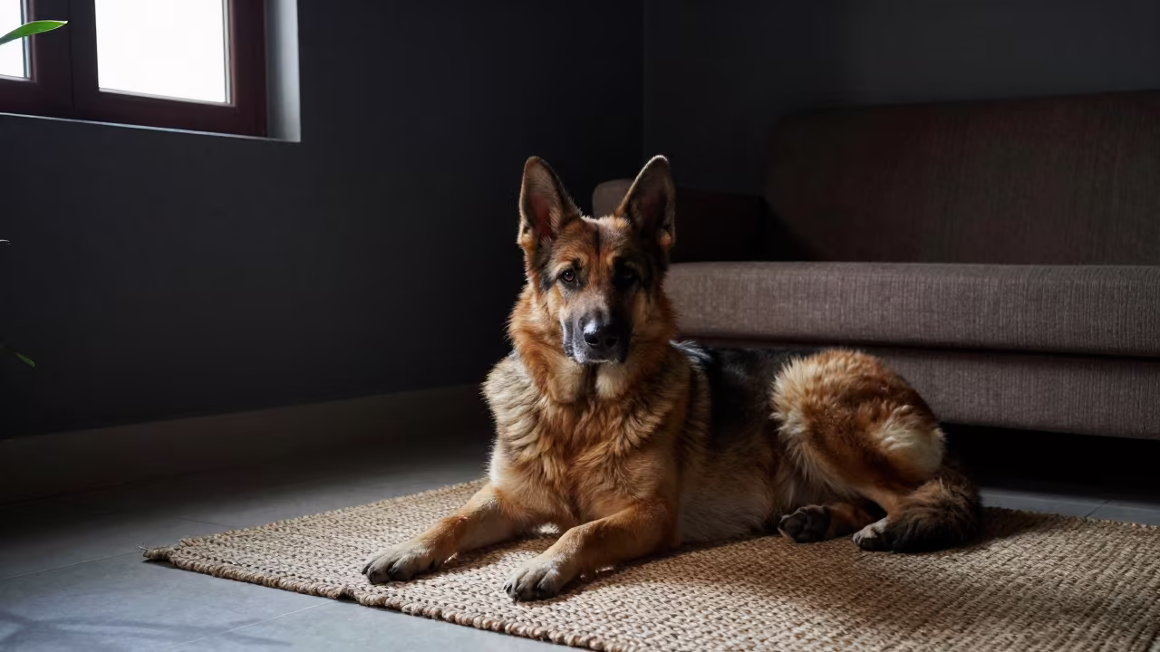 Bohemian Shepherd Resting on Rug in Multan Home in on a woven rug beside a low couch and an uncluttered wall in Multan