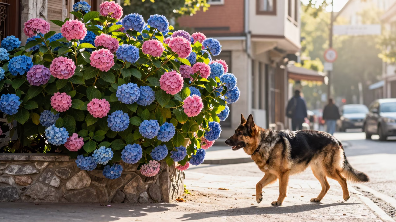 Bohemian Shepherd Walking Past Blue Hydrangeas in Istanbul Late Morning in in Istanbul, Turkey