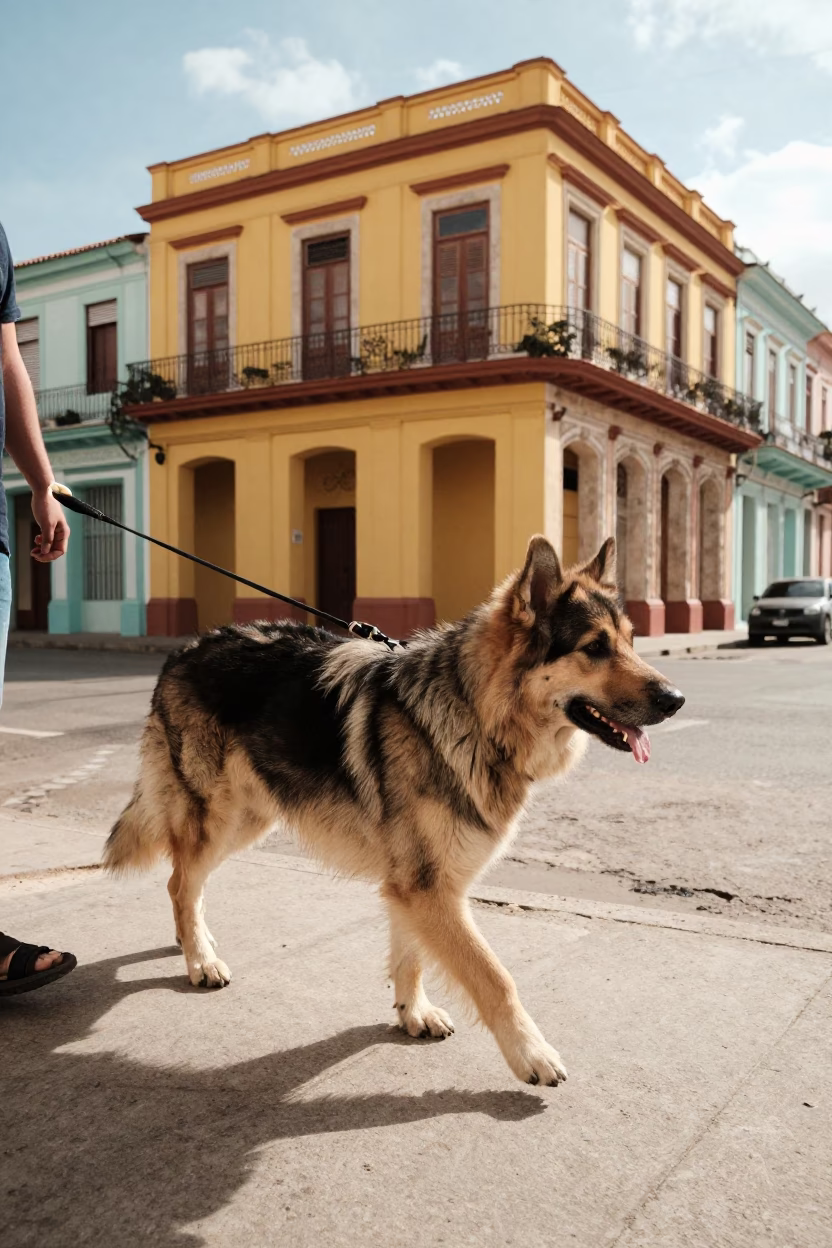 Bohemian Shepherd Walking Past Colorful Colonial Building in Late Morning Havana Cuba in in Havana, Cuba