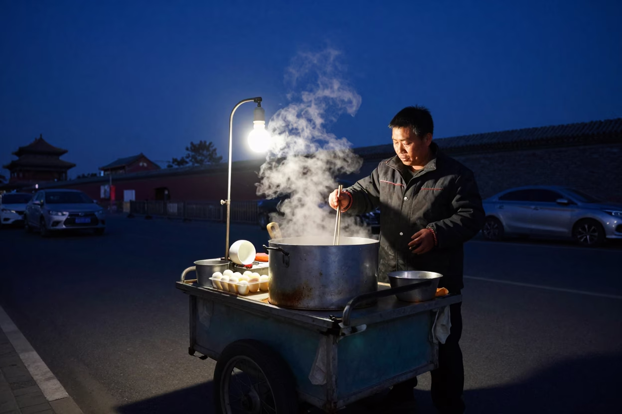 Boiled Eggs in Beijing at The Deepest Night Sky Light in in Beijing, China